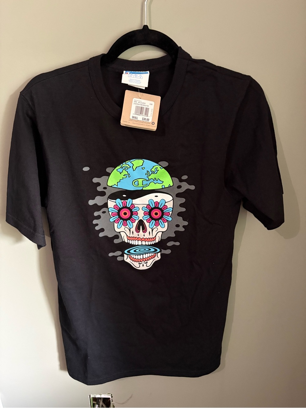 Champion Black Graphic Skull Tee with Colorful Earth and Floral Eyes